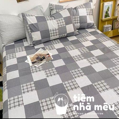 Bộ Chăn Ga Gối Cotton Livingm6/m8/2m-Tiệm Nhà MêuSet 4 Món 2 Vỏ gối ,drap , vỏ chăn Cotton 100% Caro Xám