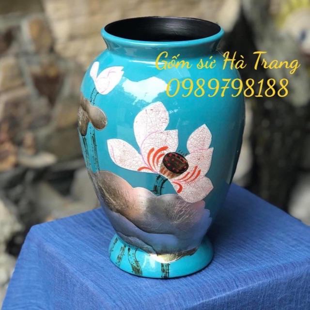 Lọ hoa sơn mài Bát Tràng khảm bạc hoạ tiết sen