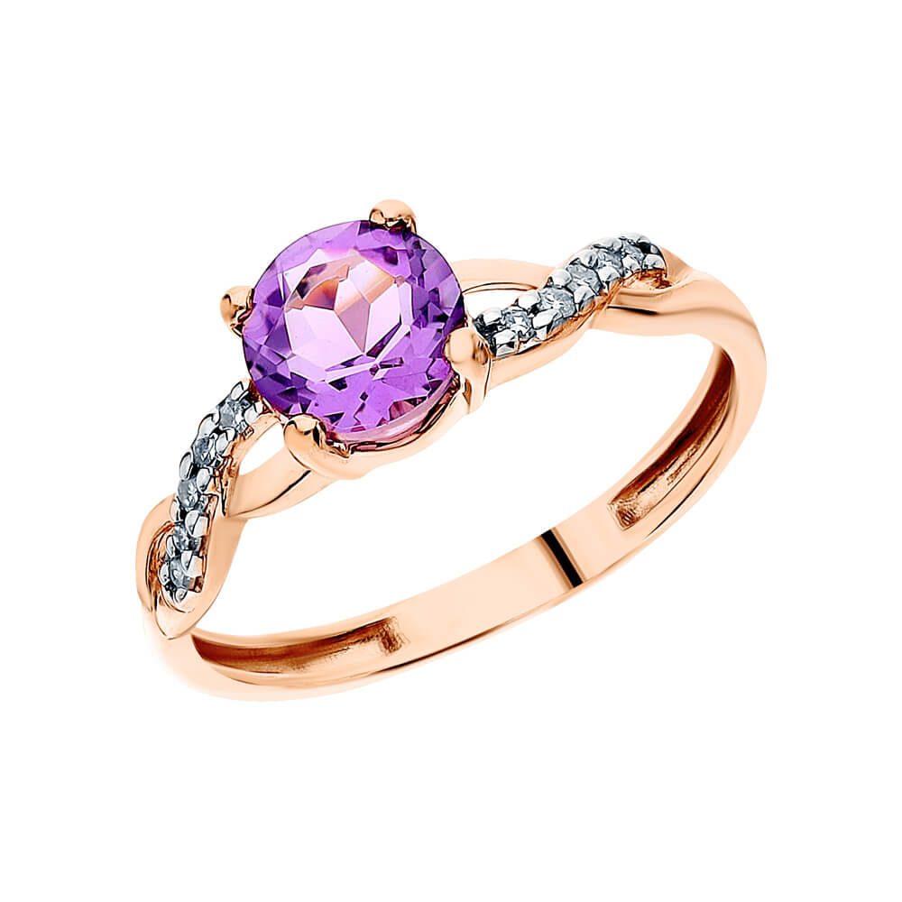 Nhẫn vàng 14K đính đá Amethyst và 10 viên kim cương tấm - MOON Jewelry