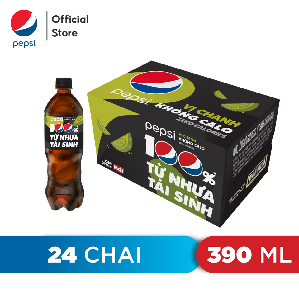 Thùng 24 Chai Nước Ngọt Có Gas Pepsi vị chanh không calo (390ml / Chai)