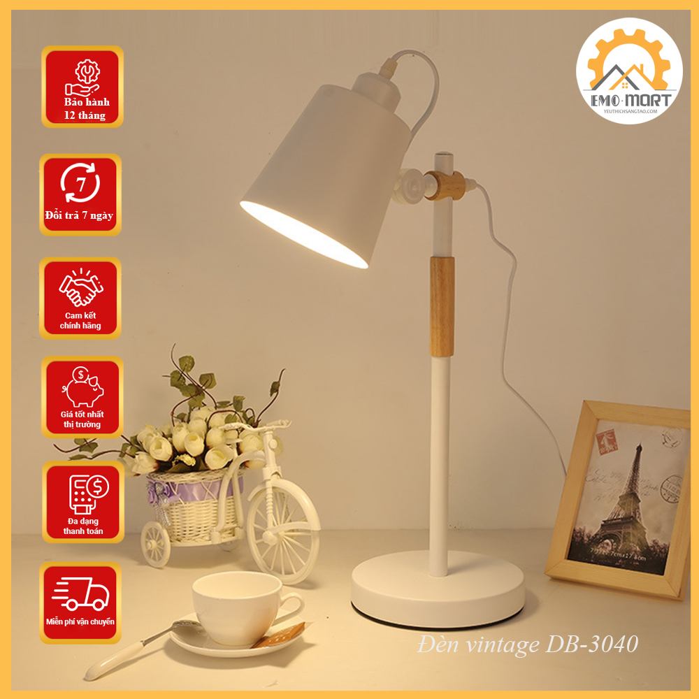 Đèn Học, Đèn Để Bàn Làm Việc Vintage DB-3040. Điều Chỉnh Góc Chiếu Sáng - Tiết Kiệm Điện - Tặng Kèm Bóng LED