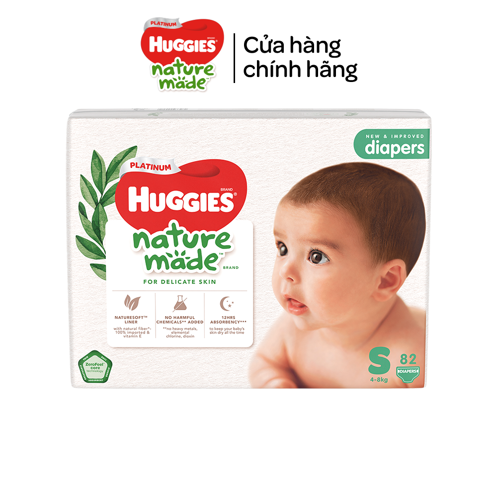 Tã/Bỉm dán sơ sinh Huggies Platinum NatureMade S82 (4-8kg)-Gói Super Jumbo 82 miếng