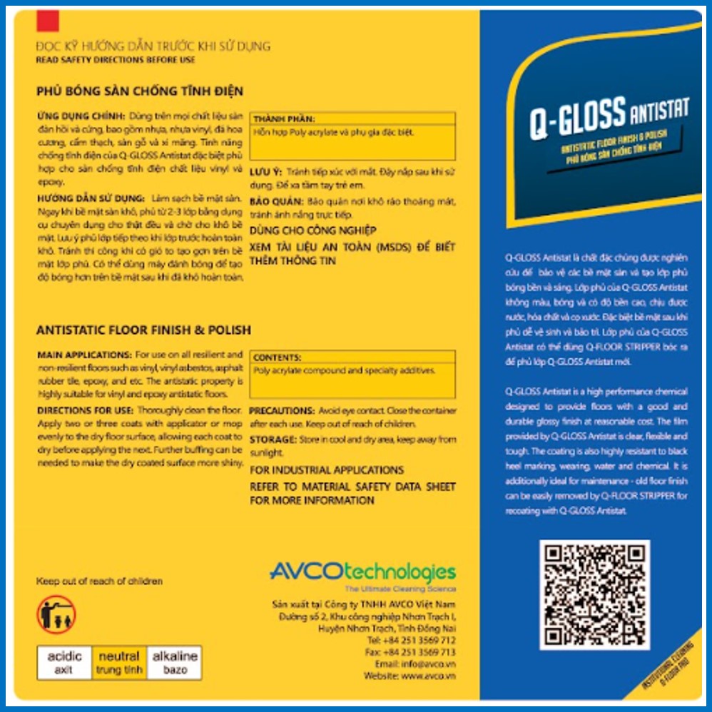 Phủ Bóng Sàn Chống Tĩnh Điện gốc Acrylic AVCOChem - Q-GLOSS ANTISTAT -  Bóng Bền Đẹp - Thùng carton (4 x can 4 lít) - Hàng Chính Hãng