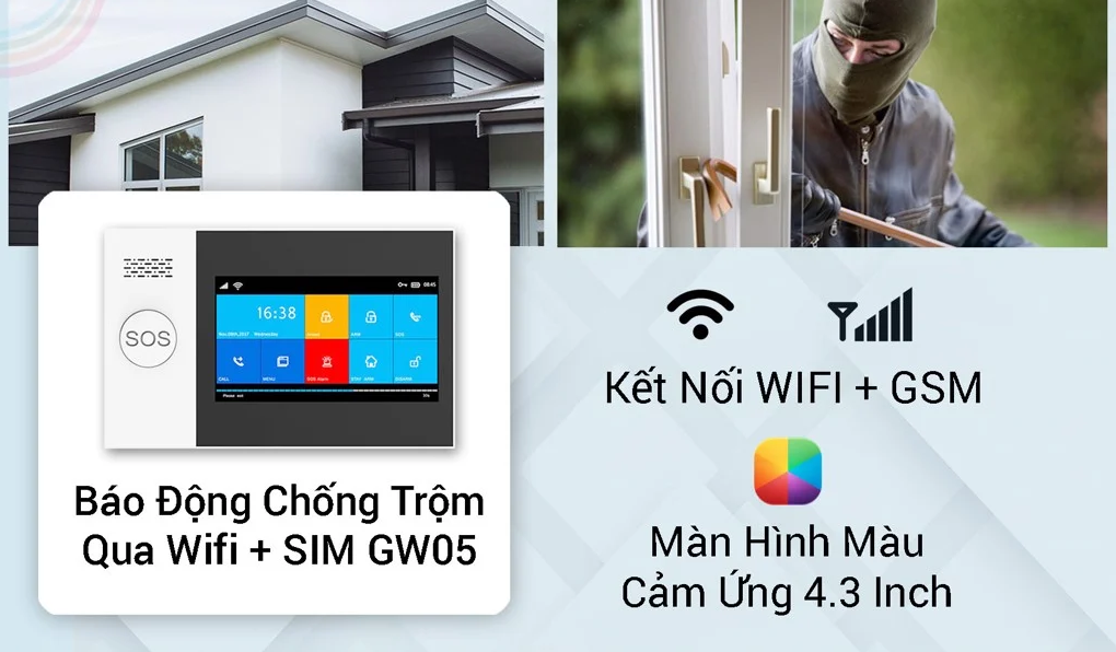 Bộ Báo Động Chống Trộm Qua WIFI Và Sim GSM GW05 Cao Cấp, Màn Hình Cảm Ứng - Hàng Chính Hãng