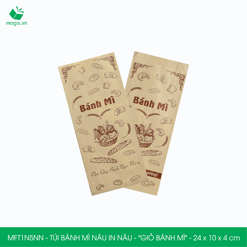 MFT1N5NN - 24x10x4 cm - 1000 Túi bánh mì Nâu, in sẵn họa tiết GIỎ BÁNH MÌ - Bao bánh mì Túi giấy thực phẩm an toàn