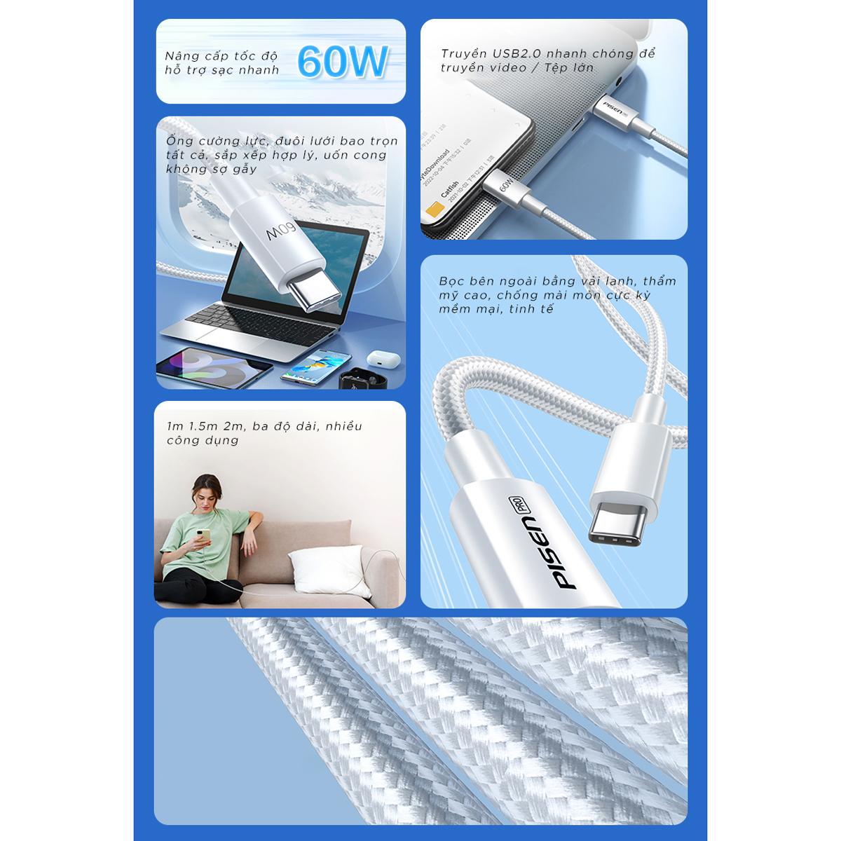 Cáp Sạc iPhone 15 - Linen USB-C 60W 1 m - Pisen LH-CC-PD01-1000