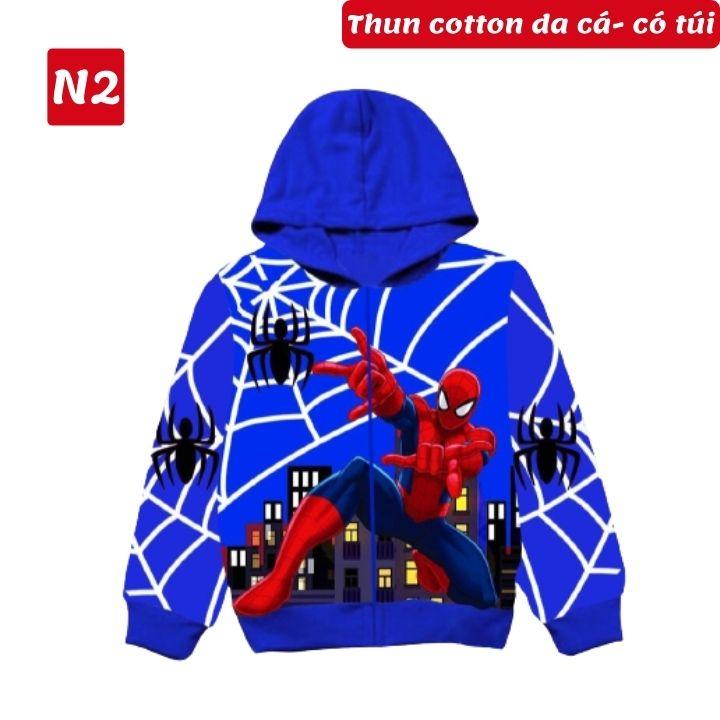 Áo khoác bé trai hình siêu nhân nhện 10-42kg. Chất thun da cá hút mồ hôi- Hình in 3D