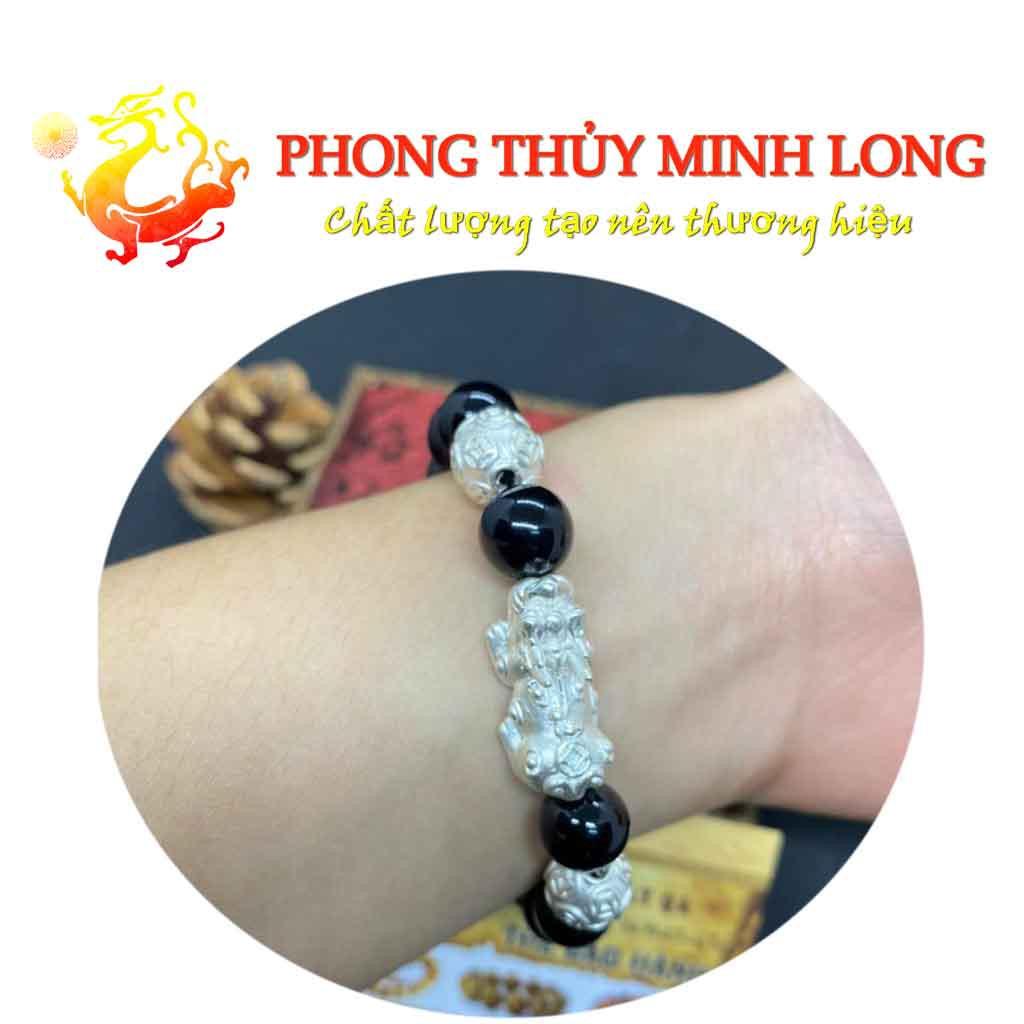 Vòng tay đá Mã Não Đen mix tỳ hưu và 2 hạt kim tiền bằng Bạc hợp mệnh Thủy và Mộc