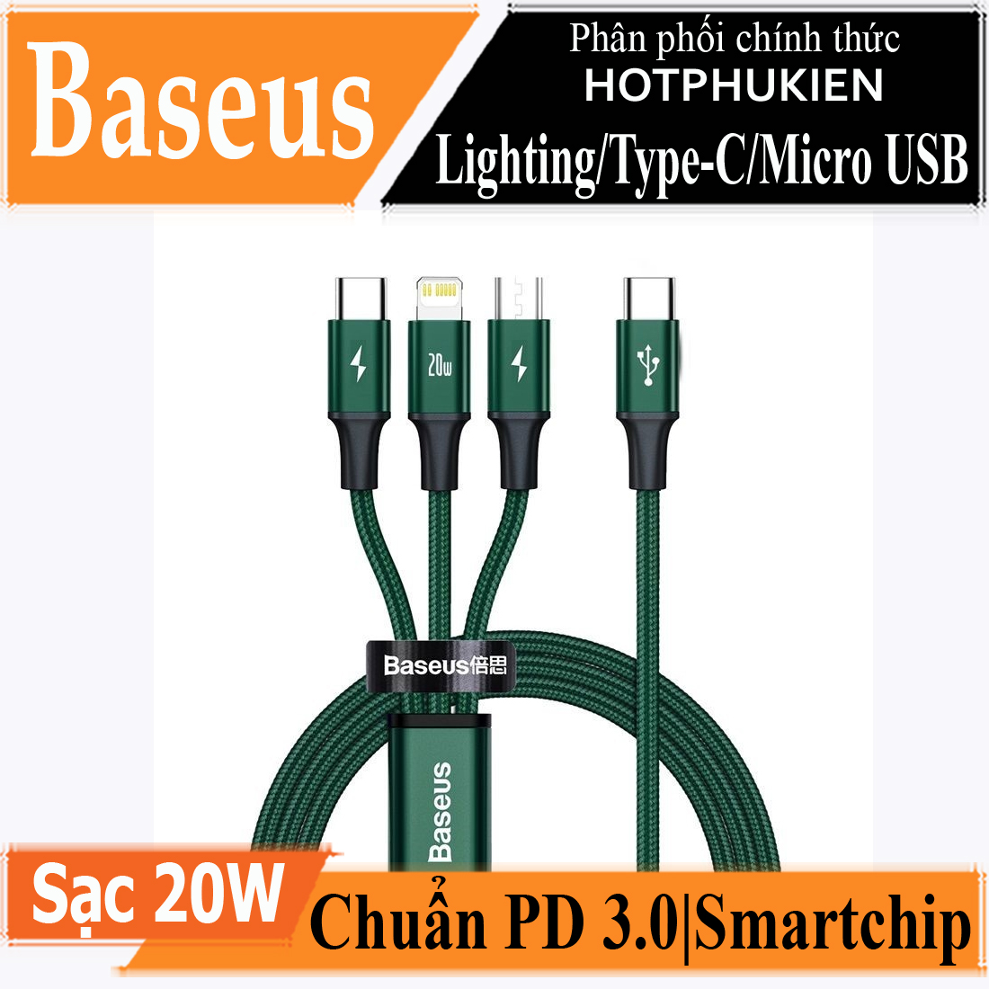 Dây cáp sạc nhanh 20W 3 in 1 Type-C to Light cho iPhone iPad / Type C / Micro USB chuẩn PD 3.0 hiệu Baseus Rapid Series 3-in-1 (hỗ trợ sạc nhanh 3.5A, truyền dữ liệu 480Mbps) - hàng nhập khẩu