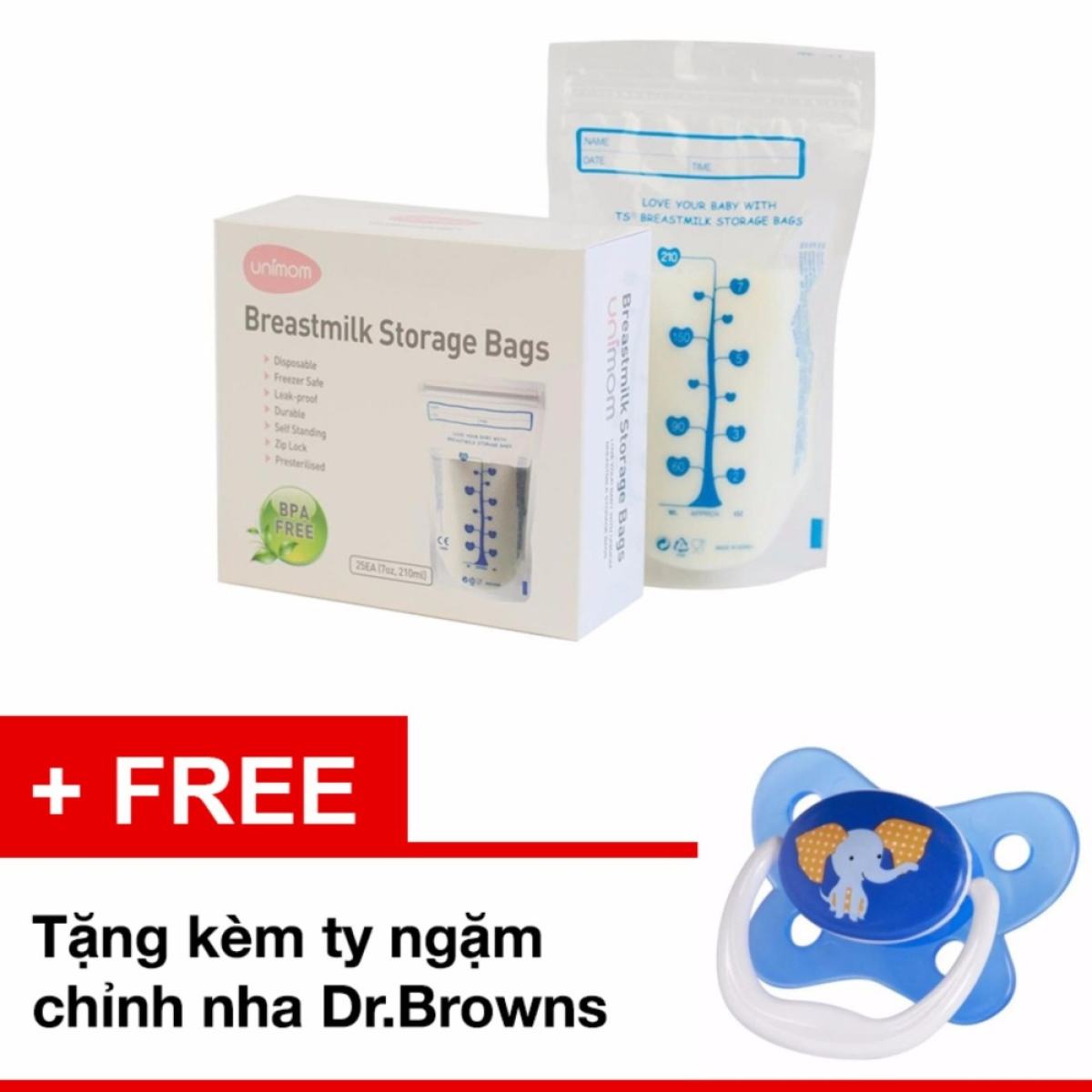 Túi trữ sữa Unimom 210ml - 60 túi + Tặng ty ngậm chỉnh nha dr browns màu xanh