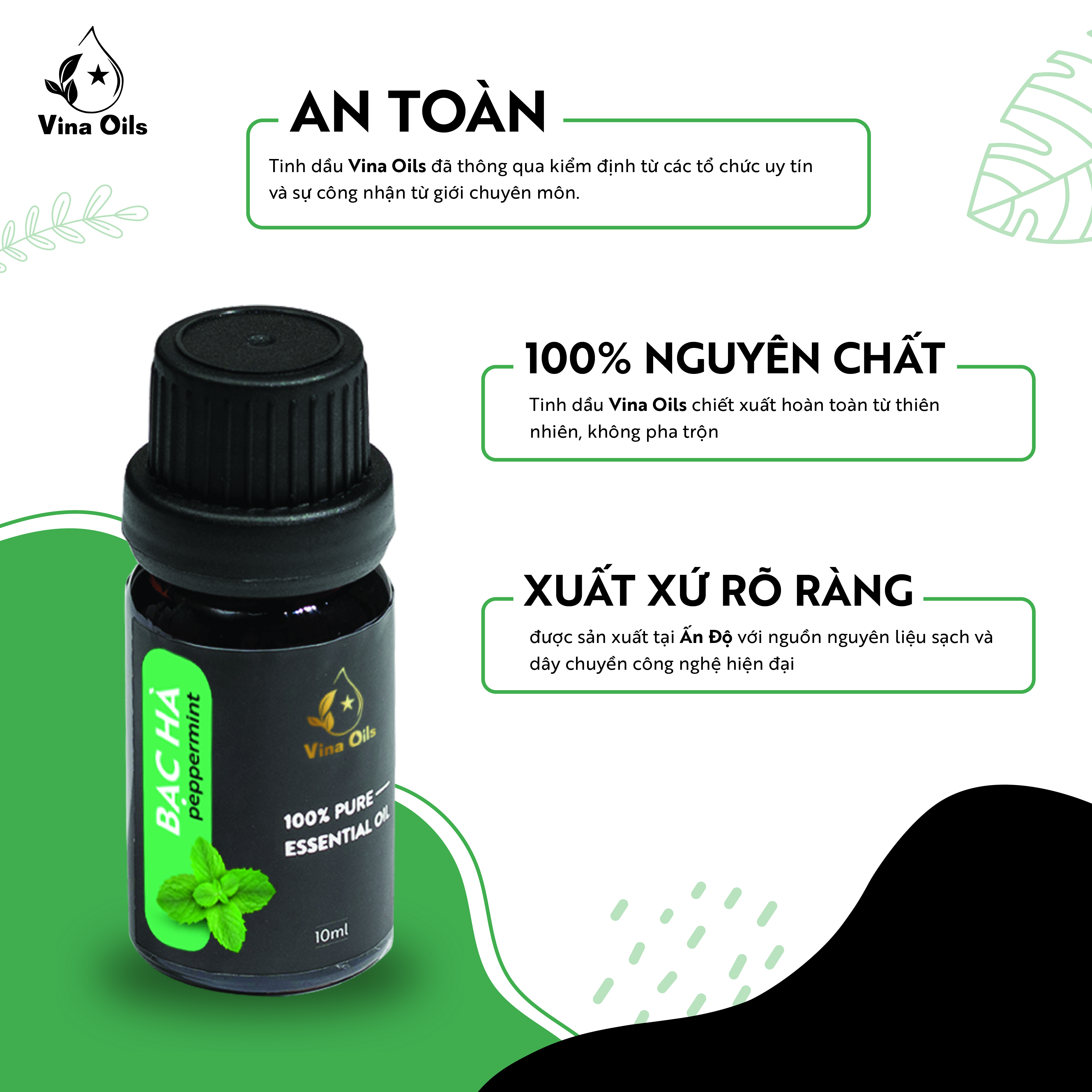 Tinh Dầu Bạc Hà Vina Oils 10ml - Peppermint Essential Oil 10ml - Được Chiết Xuất Từ Thiên Nhiên Nguyên Chất 100% - Dùng Khử Mùi, Kháng Khuẩn, Thư Giản, Đuổi Mũi, Giảm Đau Nhức