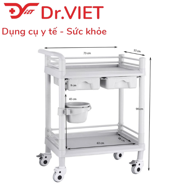 Xe đẩy dụng cụ tiêm nhựa ABS. Loại 2 tầng cỡ lớn, 2 hộc kéo, 1 chậu