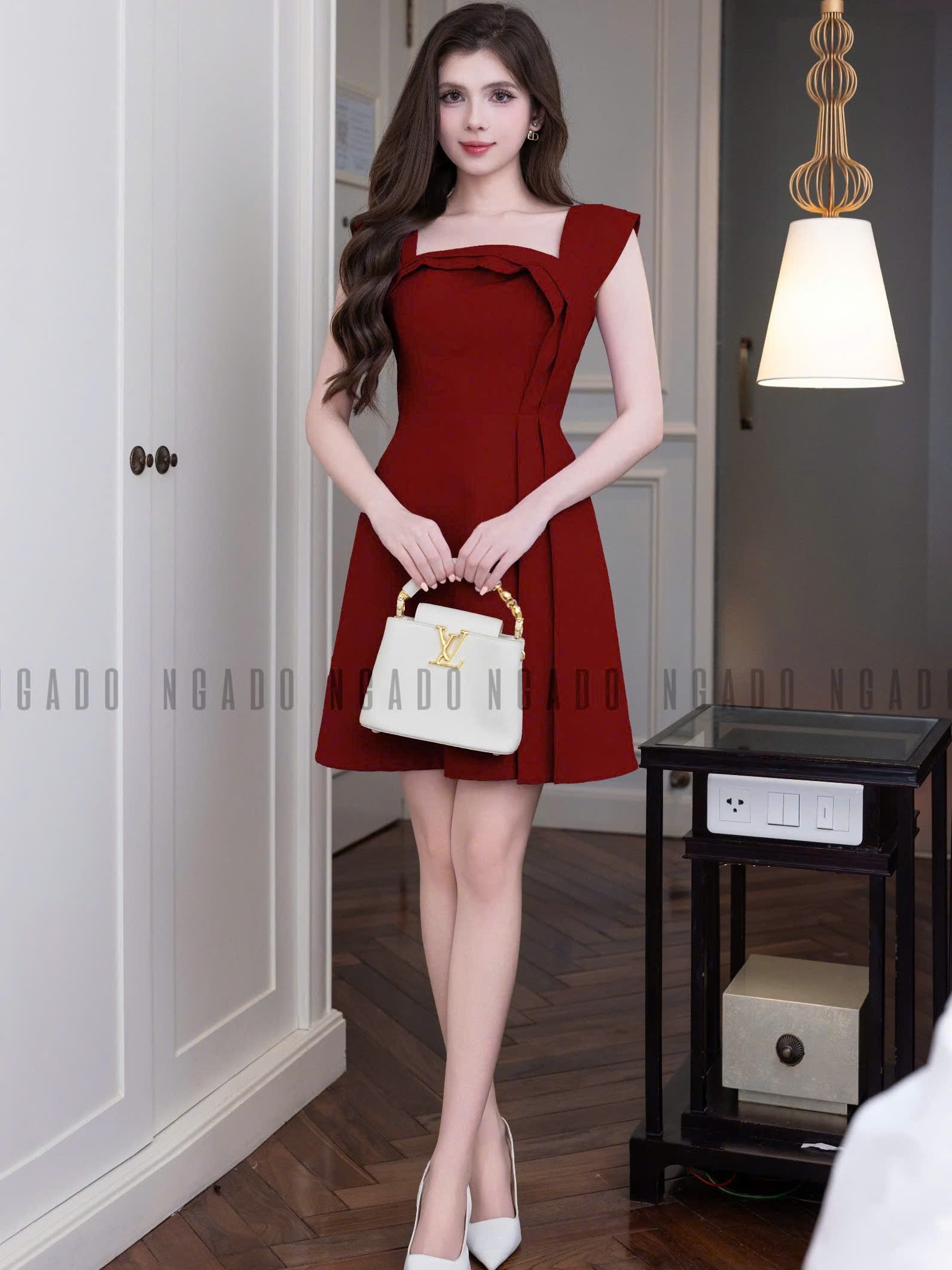 Đầm đỏ xếp ly NGADO , đầm kiểu Nữ , đầm dự tiệc , dạo phố