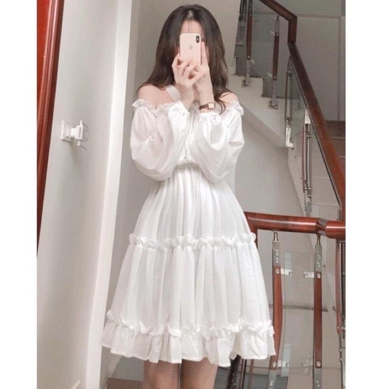 Váy babydoll, váy trắng trễ vai dáng dài hở lưng tay bồng đầm dự tiệc, mặc đi chơi, đi biển, siêu xinh, VAY002