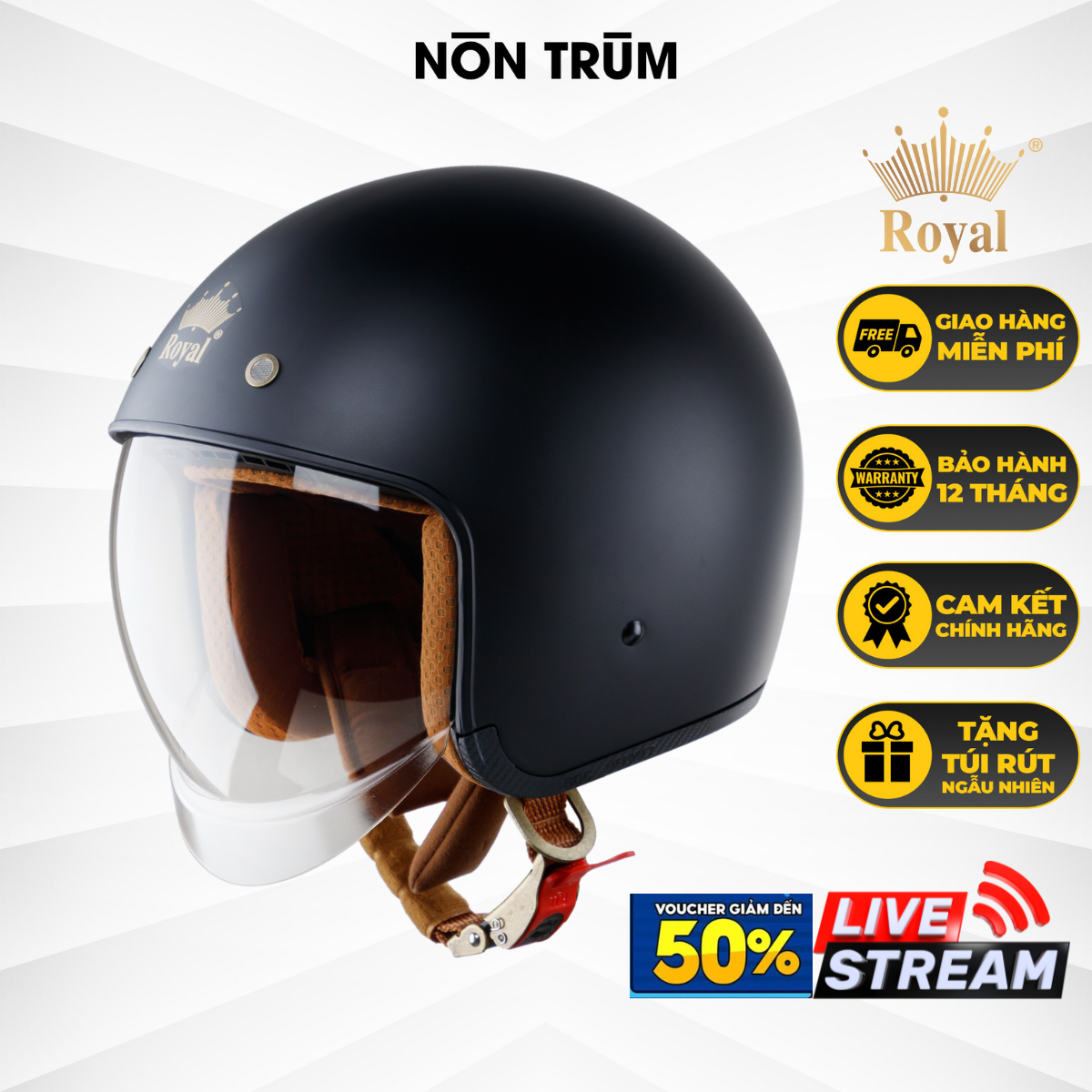 Nón Bảo Hiểm 34 Kính Âm Royal M139 Đen Nhám Cao Cấp Lót Tháo Rời, Che Hết Mặt - Khói Trà - Xxl