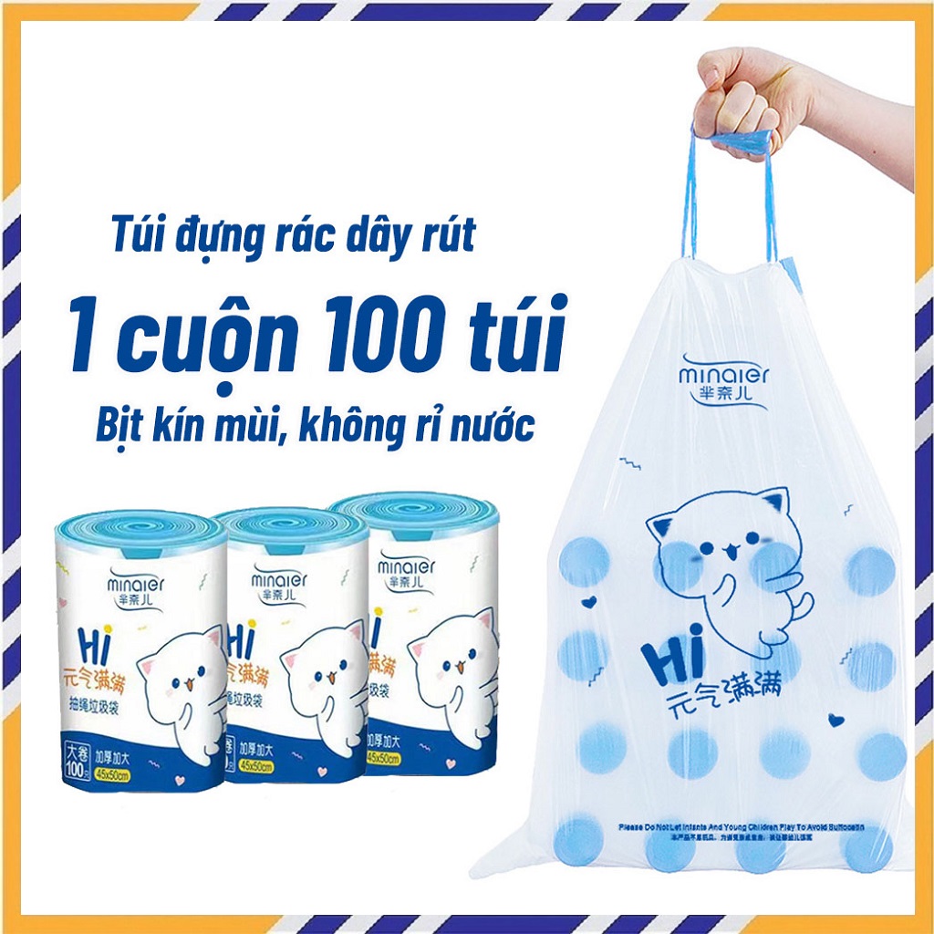 Túi Đựng Rác, Túi Rác Tự Phân Huỷ, 1 Cuộn 100 Túi, Túi Đựng Rác Có Dây Rút Tiện Lợi