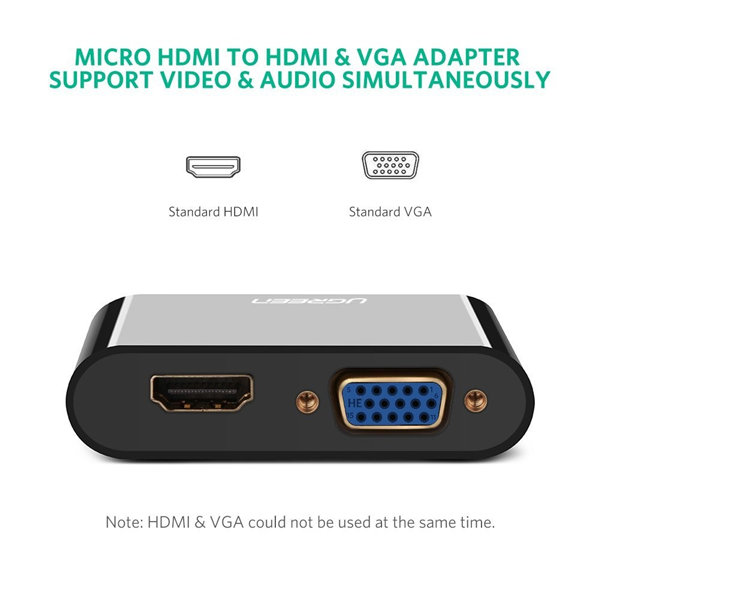 Dây chuyển đổi micro HDMI sang HDMI và VGA có âm thanh 3.5 mm, màu đen, dài 10cm Ugreen ( 30355) hàng chính hãng