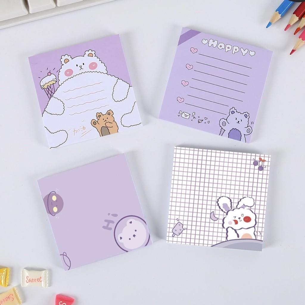 Set 50 Tờ Giấy Note, Giấy Ghi Chú Tone Tím Pastel Hoạ Tiết Gấu Thỏ Dễ Thương ST354