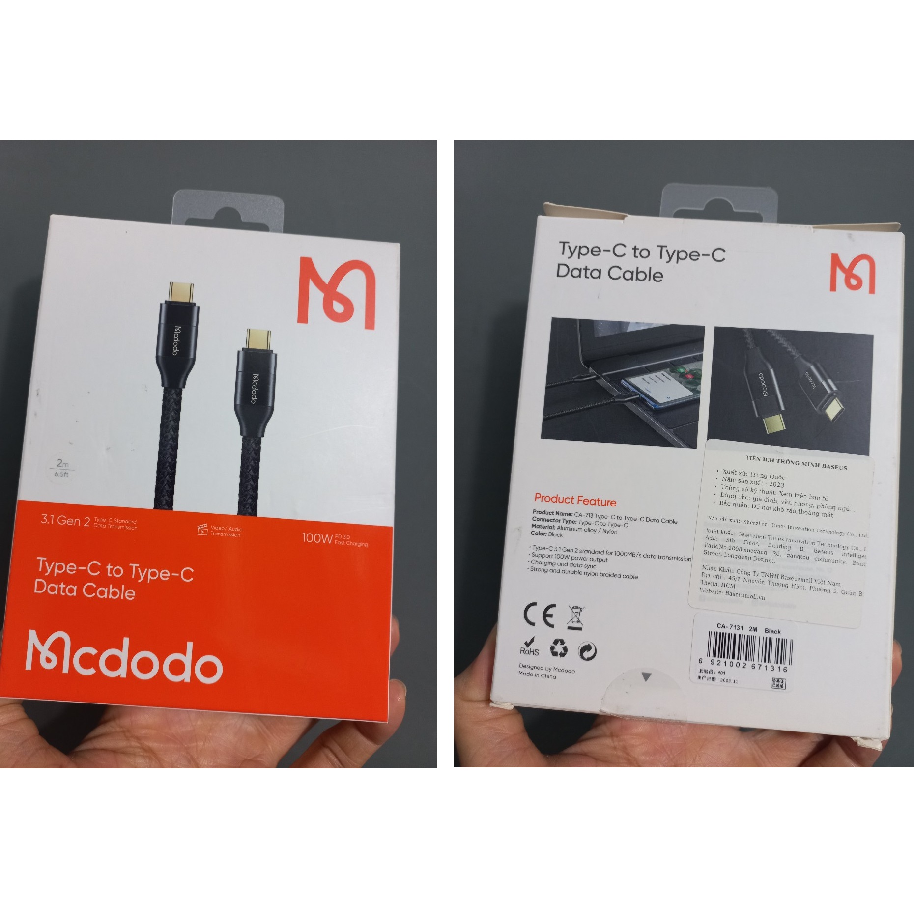 Cáp C to C USB3.1 Gen 2 sạc 100W truyền hình ảnh 4K Vention TAHHF/ mcdodo CA713 4K@30Hz _ Hàng chính hãng