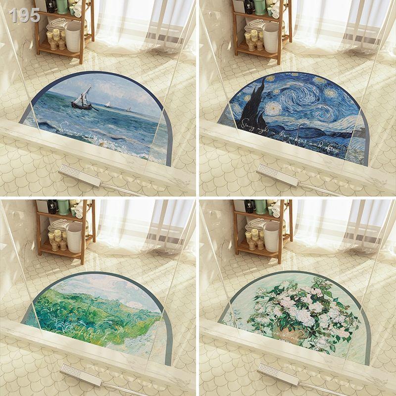 Thảm trải sàn phòng tắm chống trơn trượt thấm nước hình bán nguyệt sơn dầu Van Gogh, tấm lót chân nhanh khô ở lối v