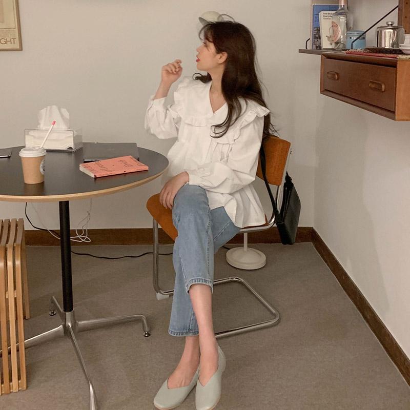 Áo sơ mi nữ dài tay form rộng cổ bèo kiểu áo nữ dáng Babydoll 2 lớp chất vải thô kiểu dáng hàn quốc