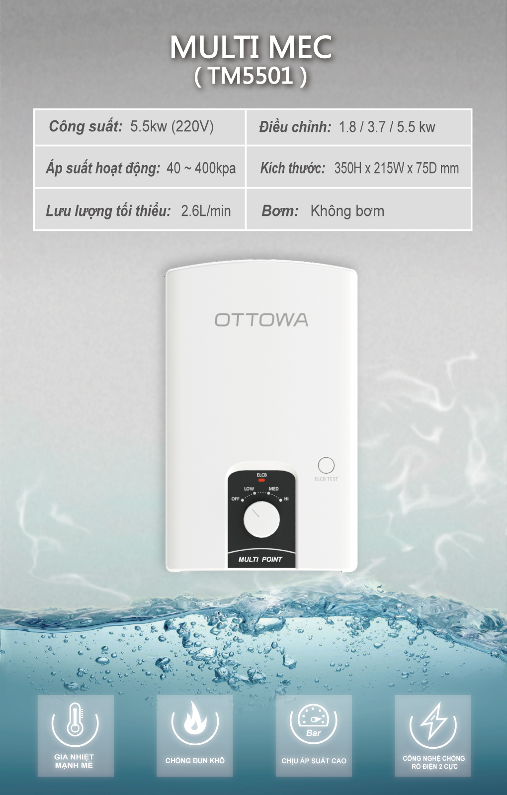 Bình nước nóng cho rửa bát  OTTOWA TM5501 - Hàng chính hãng