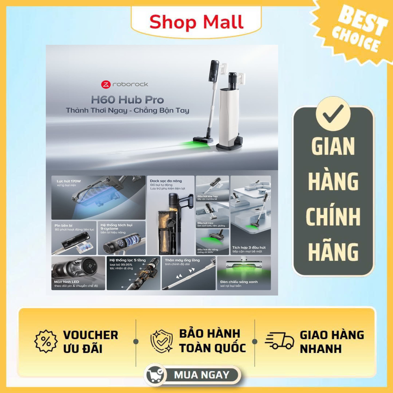 Máy hút bụi cầm tay Roborock H60 Hub Pro- Hàng Chính Hãng