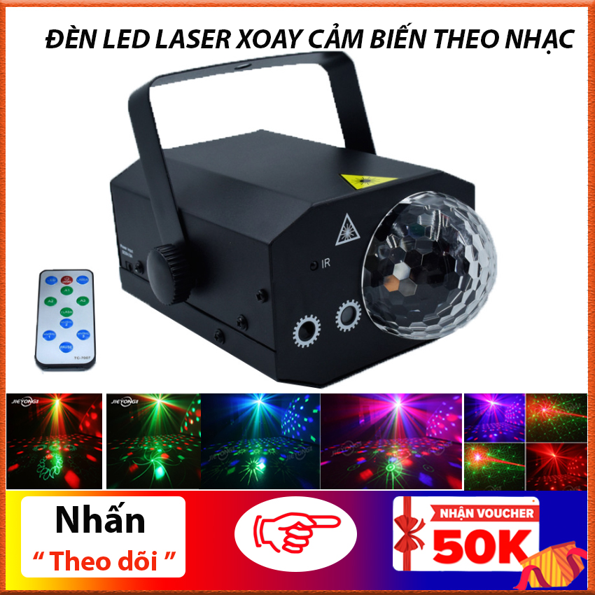 Đèn led laser cảm biến theo nhạc, có cầu xoay tự động, đèn trang trí phòng karaoke, sân khấu, tiệc gia đình, Có remot điều khiển