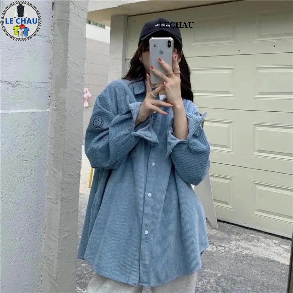Áo khoác sơ mi nam nữ ulzzang streetstyle thêu icon siêu cute Jacket nhung unisex form rộng hottrend - Hồng &lt; 60kg