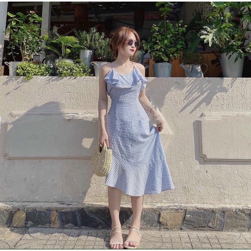 Đầm Cổ Yếm Bèo Lệch Tà Váy Dáng Xoè Caro Xanh