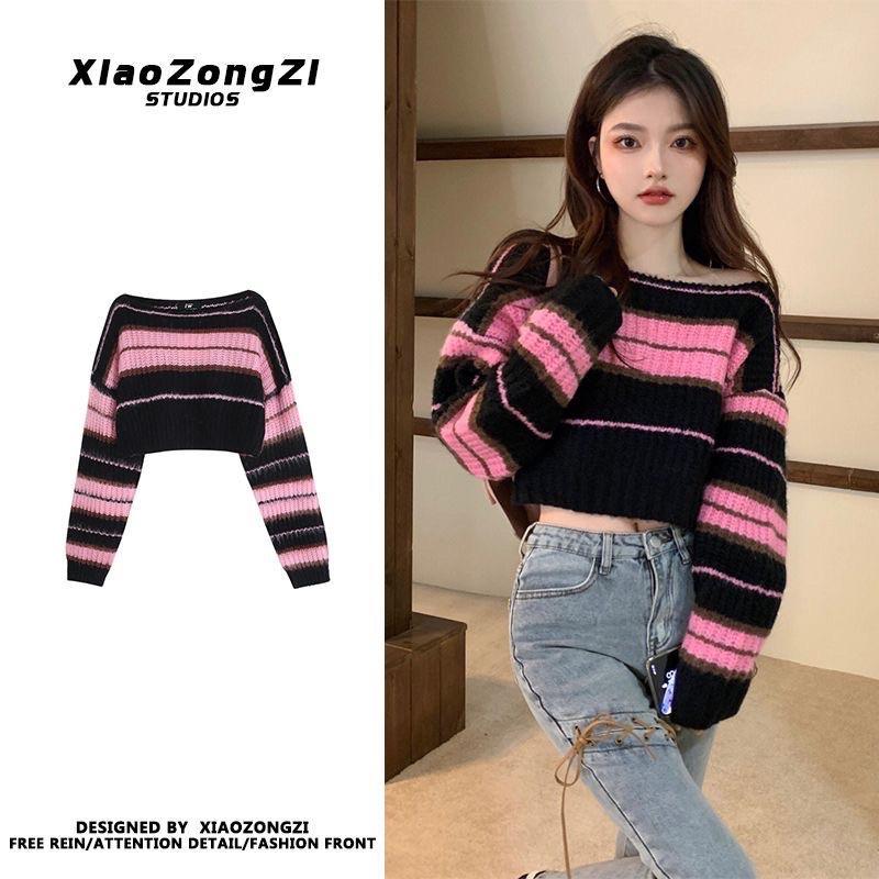 ÁO LEN CROTOP SỌC HỒNG ĐEN ULLAZANG