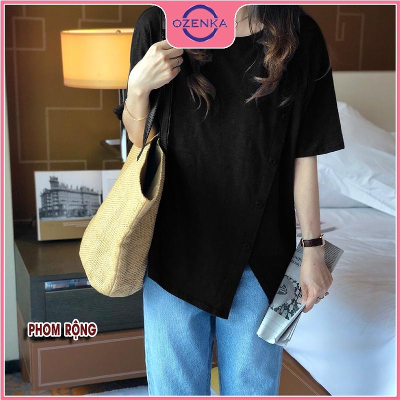 Áo thun rộng nữ tay ngắn cổ tròn sẻ tà, áo phông rộng phong cách hàn quốc 100% cotton màu đen trắng dưới 55 kg