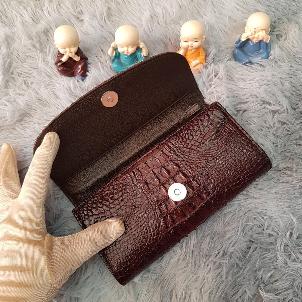 Ví Cầm Tay Cá Sấu Nữ | Ví Clutch Da Cá Sấu Gù Nhỏ | Màu Nâu Cafe | Bảo Hành 24 Tháng.