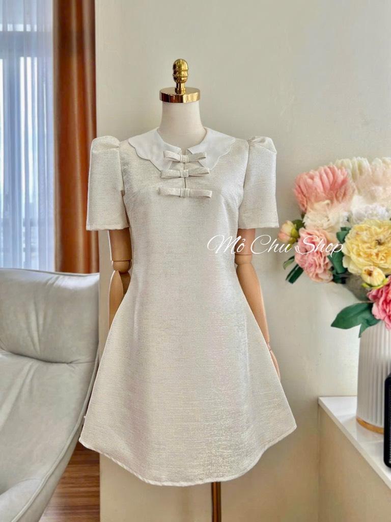 Đầm xoè tafta vân đá cổ bèo