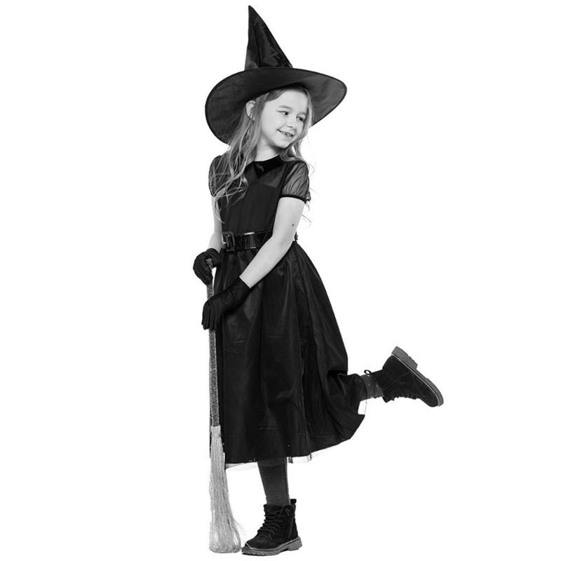 1 Bộ Trẻ Em Bé Gái Phù Thủy Trang Phục Hóa Trang Halloween Lưới Nữ Tay Ngắn Cổ Tích Đầm Nón Dây Lưng Găng Tay Đảng Vai Trò Chơi bộ Trang Phục