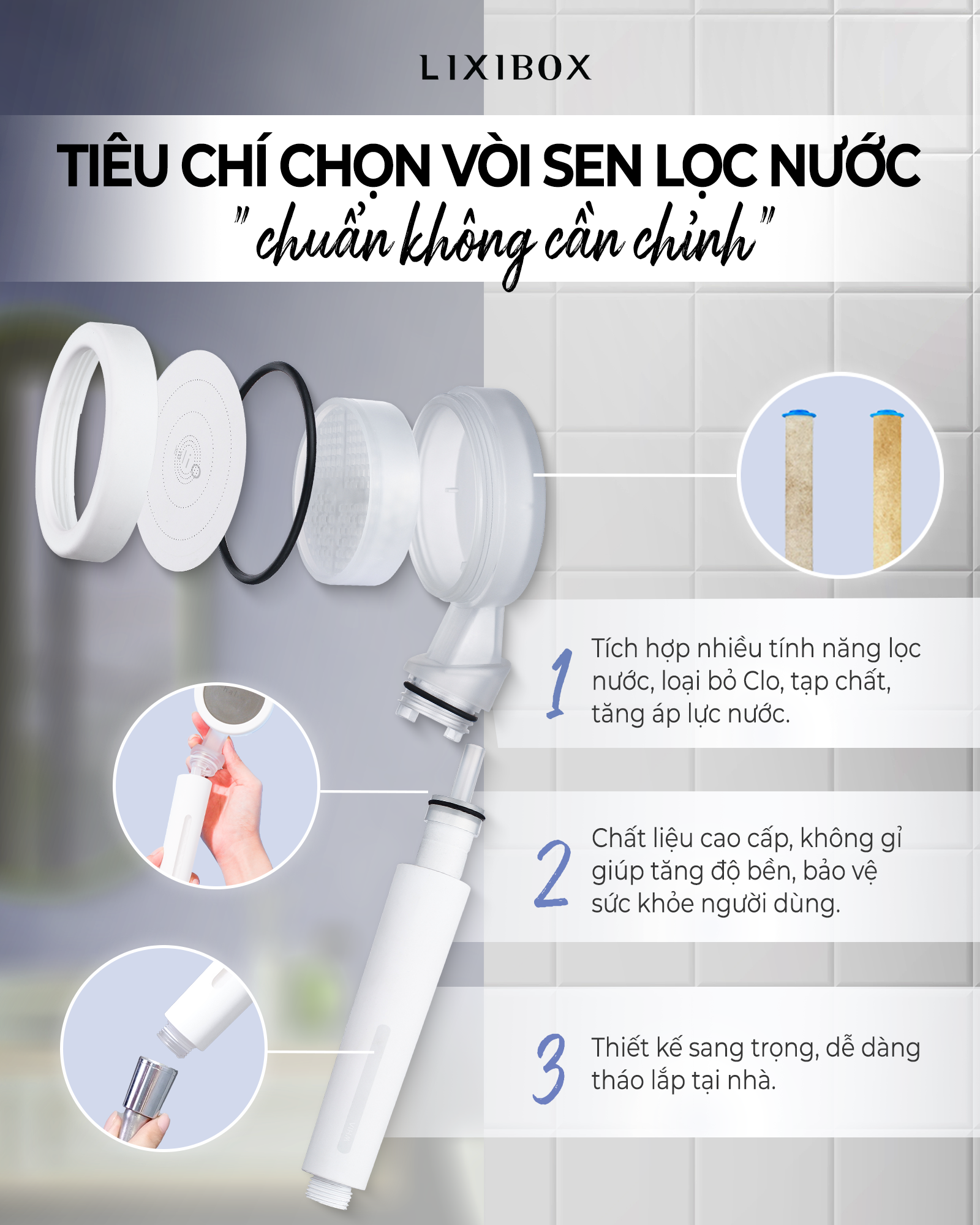 Combo Vòi Sen Lọc Nước Khử Clo Ngừa Mụn Lưng Tăng Áp Halio Beautifying Shower Head Và Set 4 Lõi Lọc