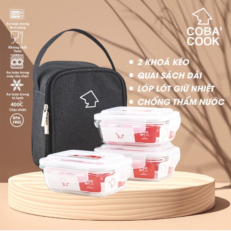 Bộ túi hộp đựng cơm thủy tinh chịu nhiệt COBA'COOK 3 hộp chữ nhật 370ml và 1 túi giữ nhiệt -CCL33BS