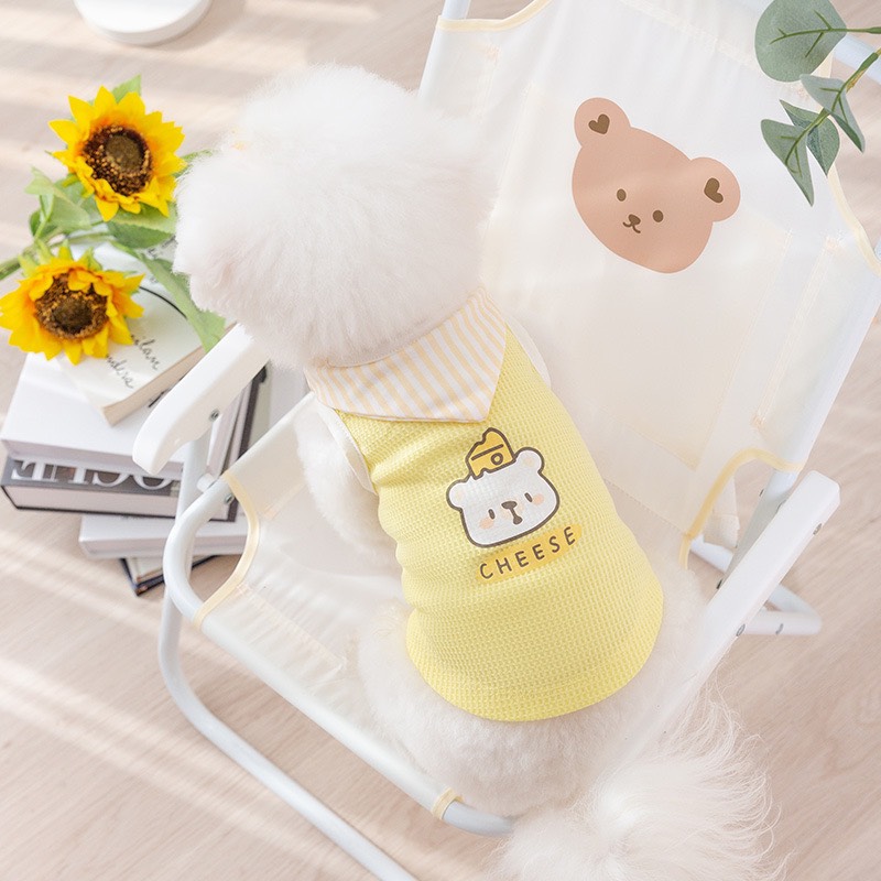 Áo lưới vàng khăn tam giác kẻ sọc gấu cheese cho thú cưng