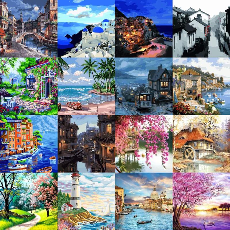 Tranh tô màu theo số Tranh sơn dầu số hoá hình phong cảnh 8 size 40*50 kèm khung