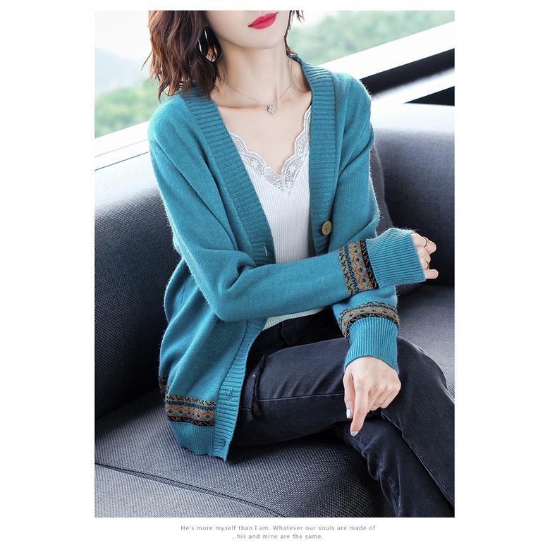 MS319 Áo khoác cardigan len nữ thổ cẩm cổ tim