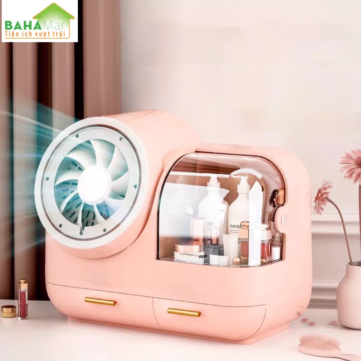 HỘP ĐỰNG MỸ PHẨM CÓ GƯƠNG TRANG ĐIỂM ĐÈN LED QUẠT BAHAMAR có quạt thổi khô lớp trang điểm thiết kế tay cầm dễ dàng xách di chuyển hộp chống bụi v