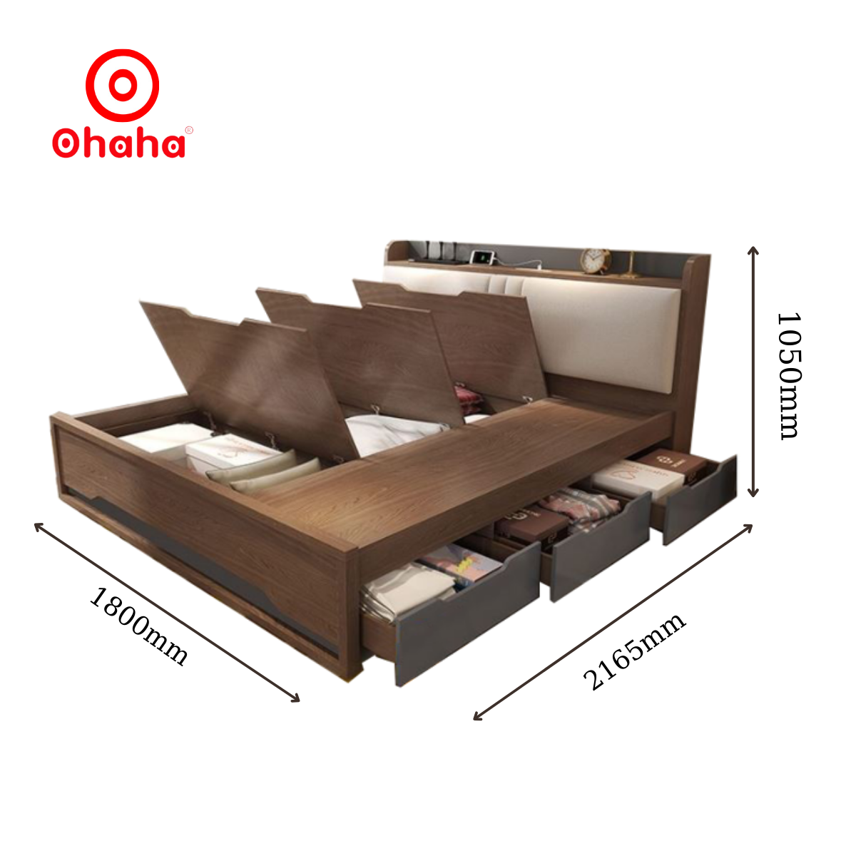 [Ảnh thực tế - Miễn phí lắp đặt &amp; vận chuyển] Giường ngủ gỗ công nghiệp bọc nệm đầu giường có hộc kéo tiện lợi Ohaha - GN001