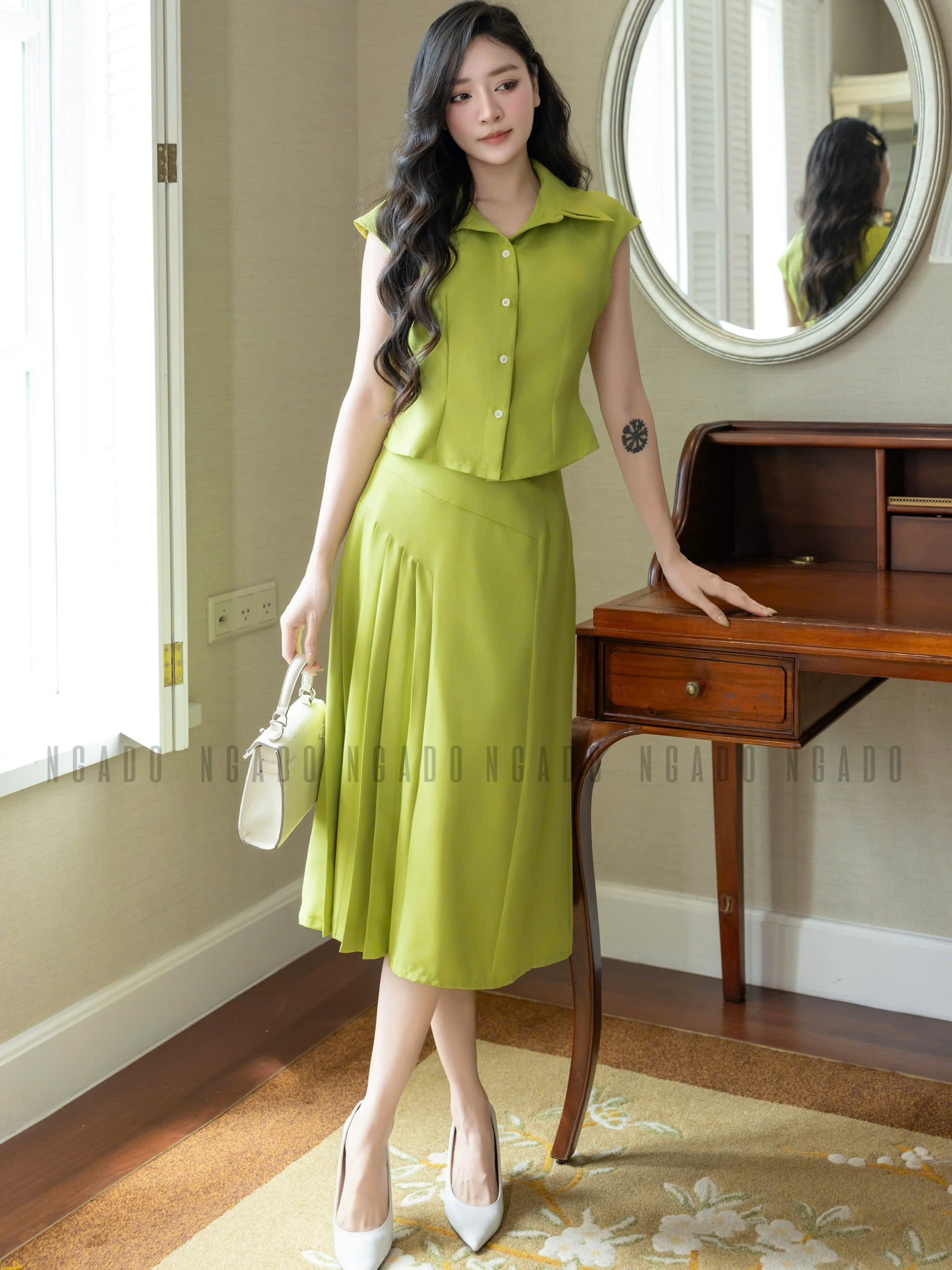 Set áo váy xanh bơ tay con NGADO , set áo váy dài , set kiểu Nữ
