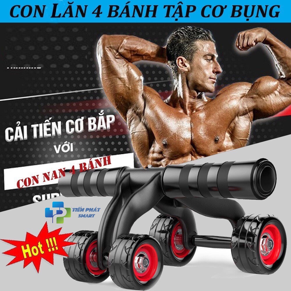 Con Lăn Tập Cơ Bụng 4 Bánh Chính Hãng(TẶNG KÈM CHẶN VÀ THẢM QUỲ GỐI)