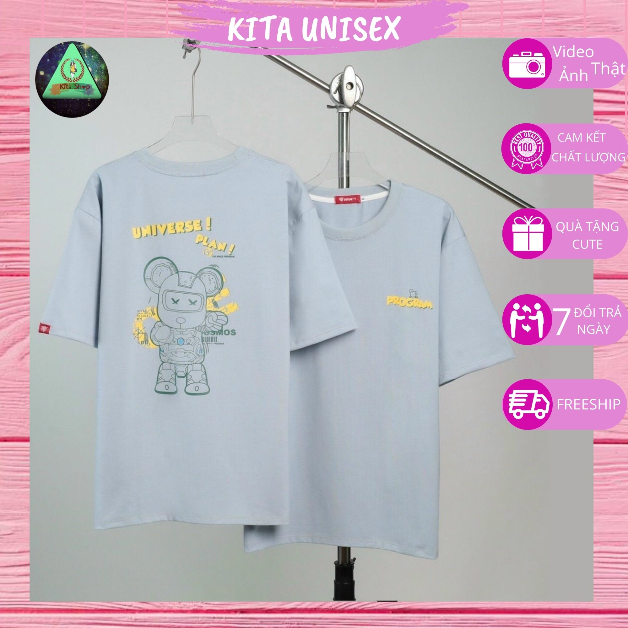 Áo Phông Nam Nữ Form Rộng Tay Lỡ Vải Chất Cotton Mịn Mát Kita Unisex - Mẫu UNIVERSE RABBIT