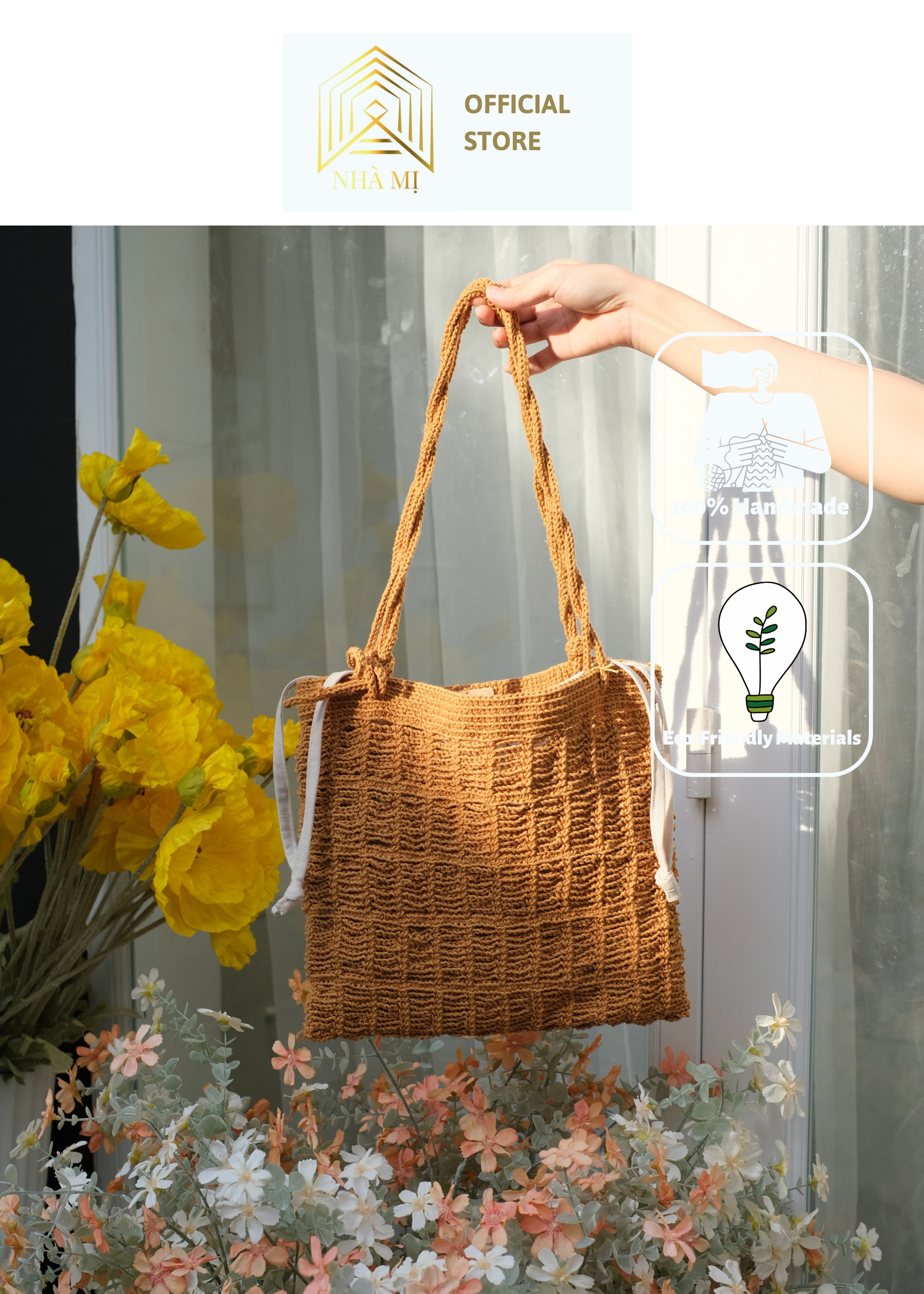 TÚI LEN ĐAN MÓC THỦ CÔNG NET BAG 6 BÍNH NÂU - NHÀ MỊ