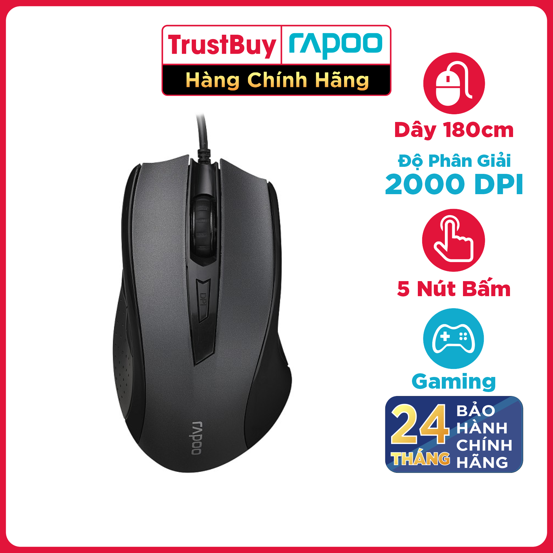 Chuột Gaming Có Dây RAPOO Đến 2000DPI, 3 Mức DPI ,Thiết Kế Cho Game Thủ - N300 - Hàng Chính Hãng