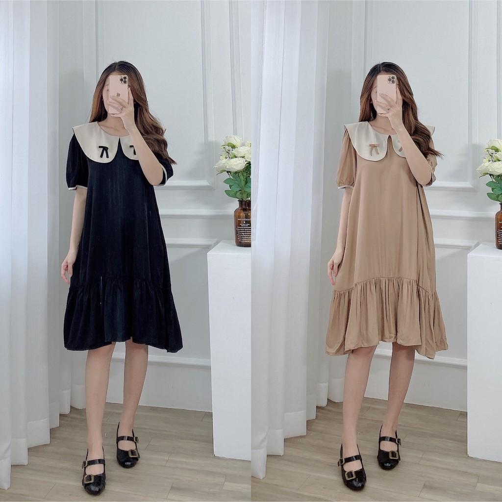 Váy suông đuôi cá, cổ kiểu kèm nơ, đầm xuông rộng tay bo phồng chạy viền 4 màu mã V208 - Michi's House
