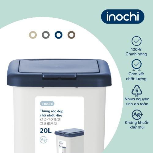Thùng rác đạp chữ nhật INochi - Hiro 20L Thân Trắng kem + Nắp Ghi/ Xanh/ Nâu/ Be