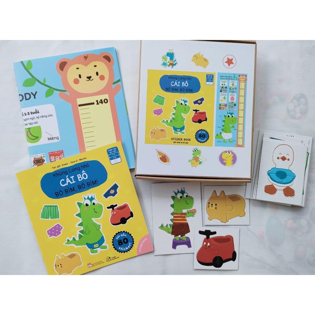 Hộp Sách - Ehon bóc dán - Khủng long nhỏ - Cái bô bỏ bỉm, bỏ bỉm! (Tặng kèm Hộp sách + puzzle + thước đo chiều cao)